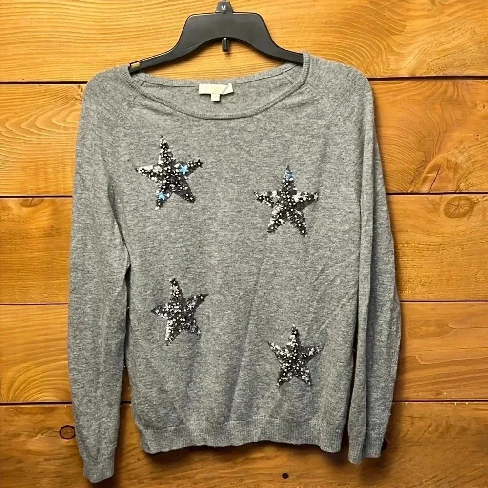 Jeff Womens sweater stars 3 gray 90% wool 10% cashmere warm winter soft sequins‎